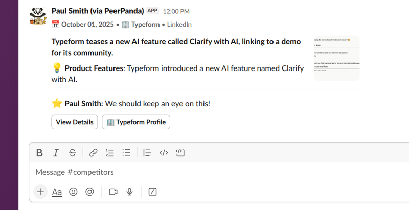 Slack sharing competitor activity